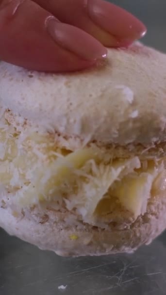 Fingers Press Vanilla Coconut Delicious Macaroons Female Fingers Break Dessert — Stock Video