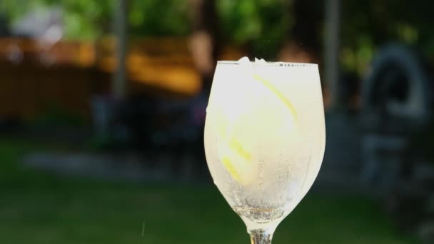 Wlać Lemoniadę Lodem Szklanej Wody Sodowej Wlać Cytrynę Zamieszać Słomką — Wideo stockowe