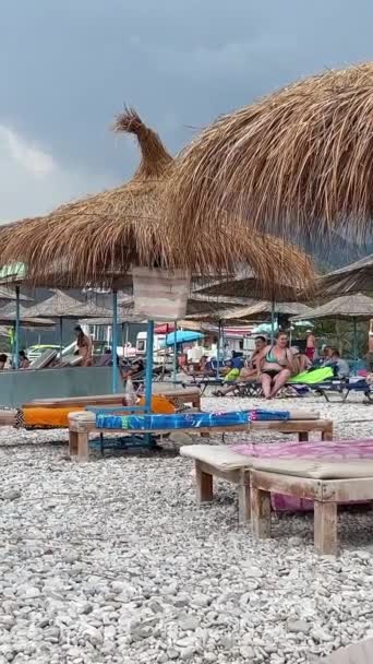 Picturesque Beach Huts Albania Riviera Early Morning Beautiful Summers Day — Stock Video