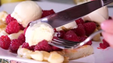 Elektrikli waffle demiriyle lezzetli waffle hazırlama süreci yumurtanın malzemelerini yeniliyor. Un, şekere yakın yemek tarifi ekliyor. Ahududulu kahvaltı bir dizi video dekore eder.