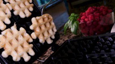 Elektrikli waffle demiriyle lezzetli waffle hazırlama süreci yumurtanın malzemelerini yeniliyor. Un, şekere yakın yemek tarifi ekliyor. Ahududulu kahvaltı bir dizi video dekore eder.