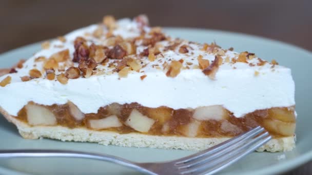 Delicious Apple Charlotte Shortcrust Pastry Mascarpone Cheese Walnuts Top Break — Stock Video