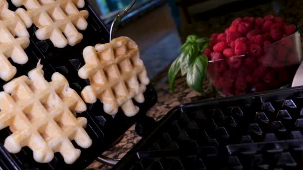 Elektrikli Waffle Demiriyle Lezzetli Waffle Hazırlama Süreci Yumurtanın Malzemelerini Yeniliyor — Stok video