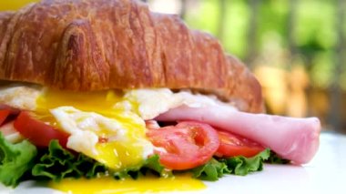 Jambonlu kruvasan, haşlanmış yumurta, jamon peyniri, avokado, mikrocin ve vişneli domates. Akdeniz aperatifi. Kahvaltı konsepti.