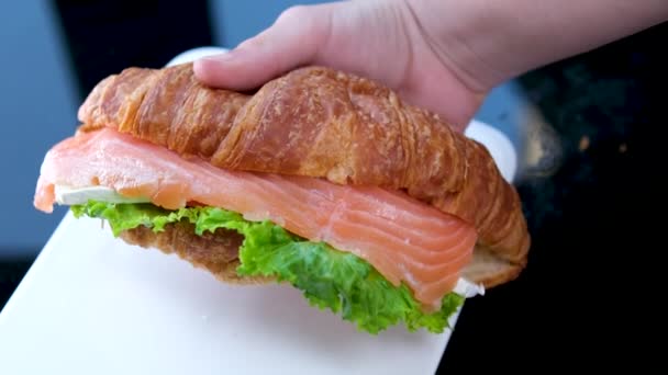 Croissant Sandwich Dengan Krim Keju Salmon Dan Arugula Piring Putih — Stok Video