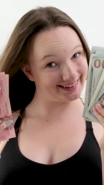 Amerikaanse Dollar Canada Dollar Geld Wisselen Bankbiljetten Pakken Bundel Concept — Stockvideo