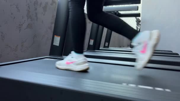 参考译文 从一个年轻的在健身房工作的少女身上塑造出一个美丽的形象 她用耳机在健身房的跑步机上为自己的腿抽水 — 图库视频影像