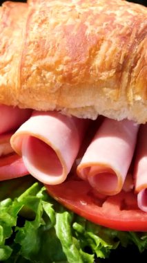 Sandviç ekmeğine sarılmış altı parça domuz pastırması, Brie peynirli kahvaltıyı açık havada domates servis eden siyah tabakta şık bir yemeğe bırakır. yaz