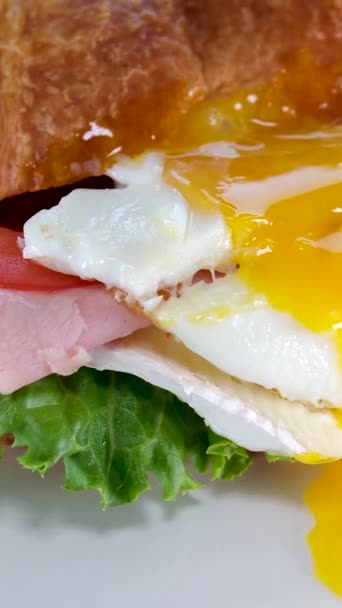 Rogalik Jajkiem Mięsem Pomidorami Serem Brie Obiad Śniadaniowy Talerzu Serwowany — Wideo stockowe