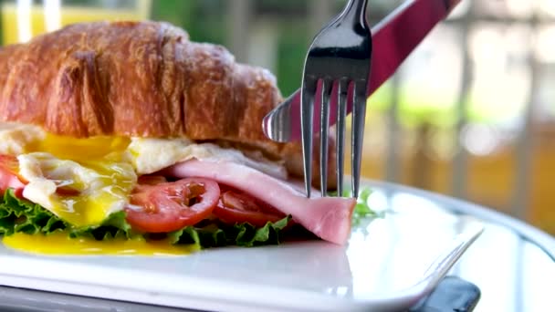 Kırmızı Balıklı Taze Kruvasan Yumuşak Peynir Yeşillik Kahvaltıda Somon Salatalık — Stok video