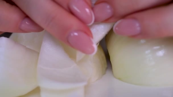 Chef Cortando Una Cebolla Con Cuchillo Imágenes Alta Calidad — Vídeo de stock