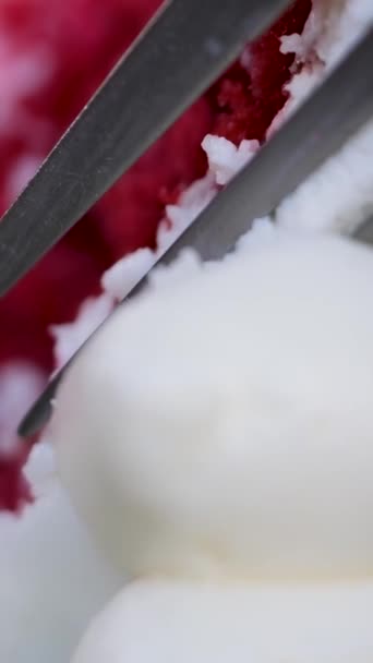 Delicious Cake Red Velvet White Airy Cream Red Porous Cake — Stock Video