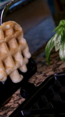 Elektrikli waffle demiriyle lezzetli waffle hazırlama süreci yumurtanın malzemelerini yeniliyor. Un, şekere yakın yemek tarifi ekliyor. Ahududulu kahvaltı bir dizi video dekore eder.