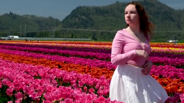可爱的小女孩 卷曲的长发 穿着浅粉色的裙子 走在白色和粉色之间 在美丽的五彩斑斓的处女座田野里 高质量的4K镜头 — 图库视频影像
