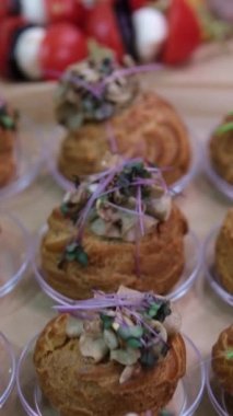 Abur cuburlar masa muhallebisinin üzerinde ezme, domatesler ve kibritte et bulunan mozzarella peyniri hurmaları.