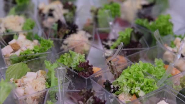 レタスリーフミートマヨネーズチーズのビュッフェテーブルのプラスチックプレートの部分サラダ お祝いにおいしい食べ物の美しいプレゼンテーション — ストック動画