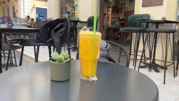 Pájaro Paloma Vuela Sobre Mesa Café Zumo Naranja Con Hielo — Vídeos de Stock