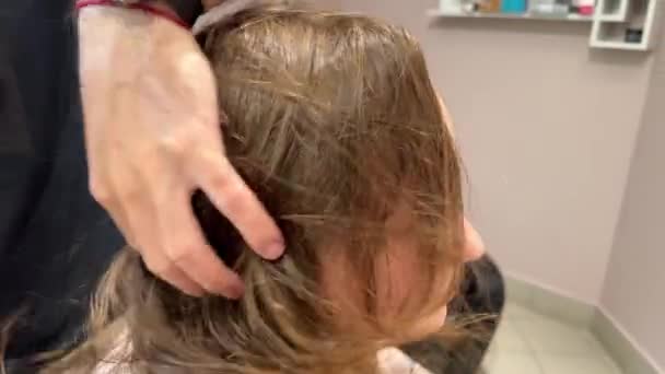 Coiffeur Utilisant Sèche Cheveux Pour Souffler Eau Pour Sécher Ses — Video