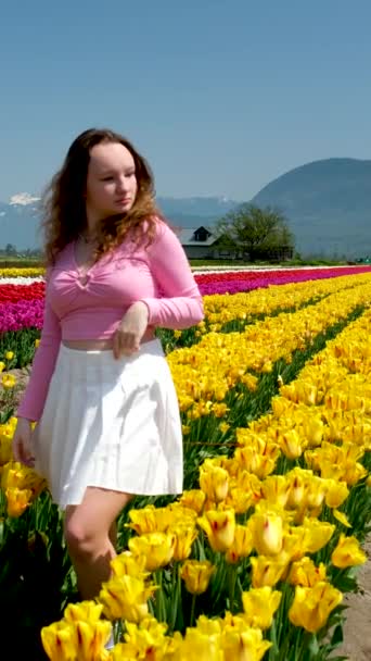 Happy Woman Blooming Field Tulips High Quality Photo — Stock Video