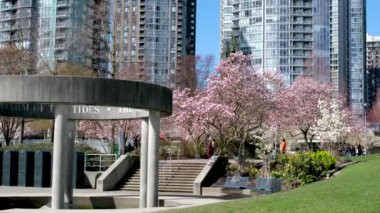 Kanada şehir merkezindeki Vancouver 'ın çeşitli tanınabilir yerleri ve eğlenceleri, insanların ilkbaharda, güzel havalarda, şehir merkezindeki mavi gökyüzü binalarını temizleyebilecekleri yerlere park eder. Gökdelenler 