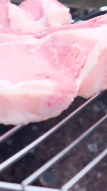 Una Gran Pila Chuletas Cerdo Una Popular Tienda Alimentos Granel — Vídeo de stock