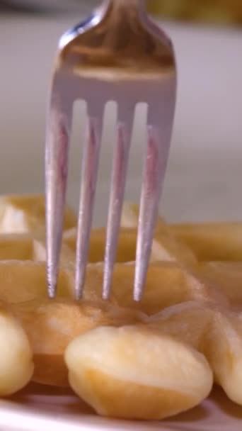 Proceso Preparación Deliciosos Gofres Dulces Hierro Waffle Eléctrico Utilizando Procesador — Vídeos de Stock