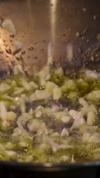 Adding Chopped Garlic Ginger Beef Frying Pan Frying Raw Meat — Stock Video