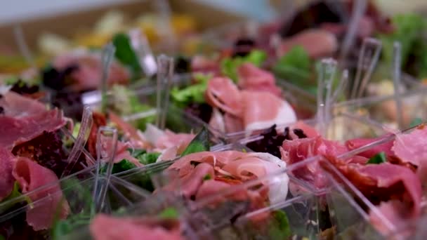 テーブルと食べ物 グルメミール カルパッチョ 肉サラダビュッフェ 高品質 — ストック動画