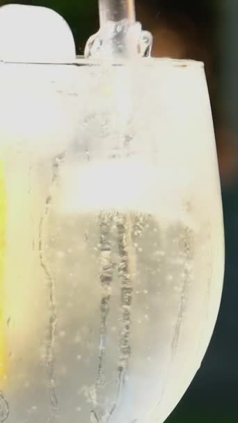 Bublinkový Citrónový Nápoj Přírodním Ovocem Lesklém Skle Zblízka Čerstvý Alkoholový — Stock video