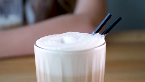 Female Hands Stirring Air Froth Latte Straw High Quality Footage — Stock Video
