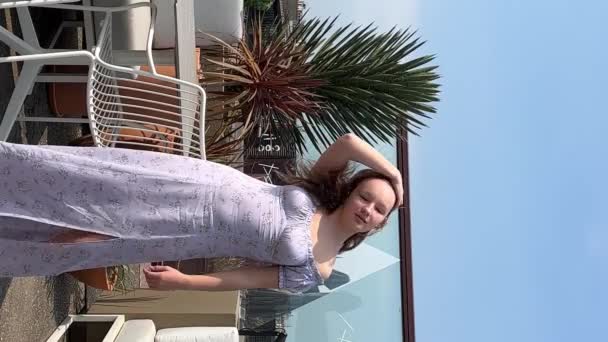 Beautiful Teenager Girl Long Blue Dress Stands Backdrop Eiffel Tower — Stock videók