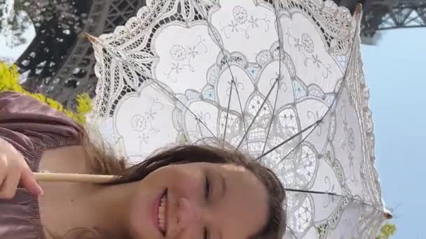Cheerful Teen Girl Stands Backdrop Eiffel Tower She Raised Her — Video