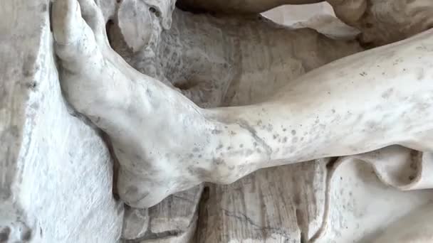 프랑스 루브르 앙투안 리옹의 조각상은 대리석 바위에 아이가 다발을 붙잡고 — 비디오