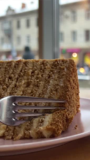 一个特写视频捕捉到了麦道维克蜂蜜蛋糕片的手工诱惑力 这款蛋糕是用精美盘子上的叉子精心品尝的 优质Fullhd影片 — 图库视频影像