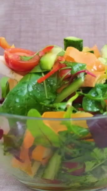 Mezcla Deliciosa Ensalada Apetitosa Con Zanahorias Rodajas Pimientos Diferentes Verduras — Vídeos de Stock