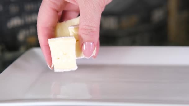 Queso Camembert Redondo Rotación Círculo Queso Parrilla Camembert Turning Enfoque — Vídeos de Stock