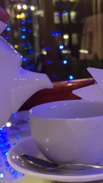Théière Dans Café Nouvel Soirée Noël Délicieux Thé Chaud Est — Video