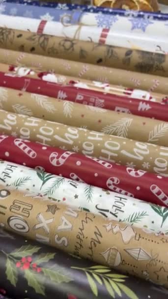 Wrapping Paper Rolls Christmas Packages Red Wrapping Paper Young Woman — Stock Video