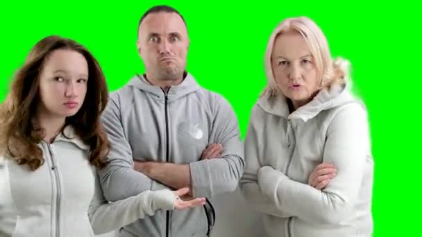 Three Dissatisfied Indignant People Man Two Women Young Teenage Girl — Stock Video