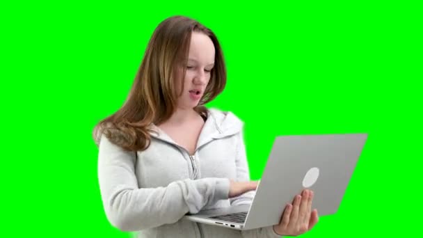 Girl Angrily Dissatisfied Typing Text Laptop Keyboard Problems Solving Trouble — Stock Video