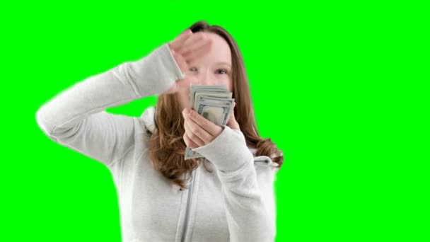 Cheerful Facial Expression Girl Scatters Money All Room Slow Motion — Stock Video