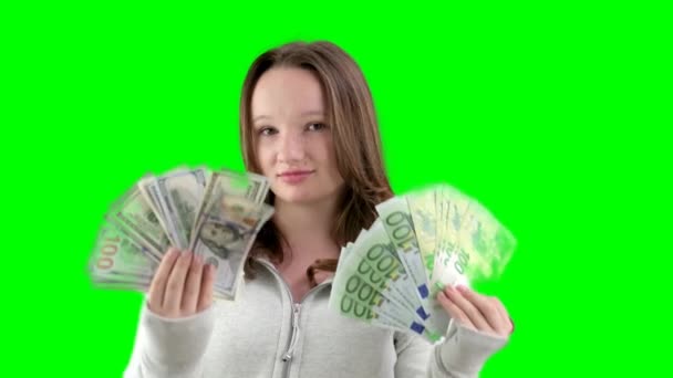 Νεαρή Κοπέλα Χορεύει Τους Εφήβους Χρήματα Διασκέδαση Ευκαιρίες Πλούτου Αυτοπεποίθηση — Αρχείο Βίντεο