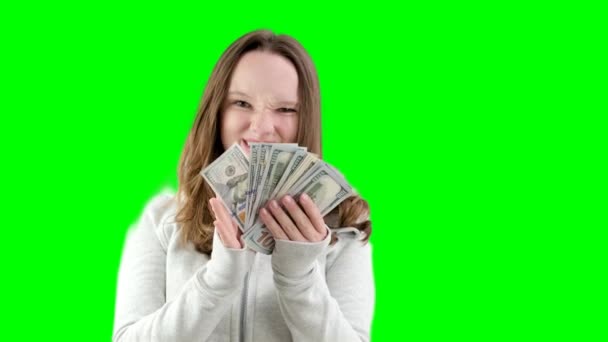 Ukázat Velké Množství Peněz Mladá Dospívající Dívka Ukazuje Celou Hromadu — Stock video