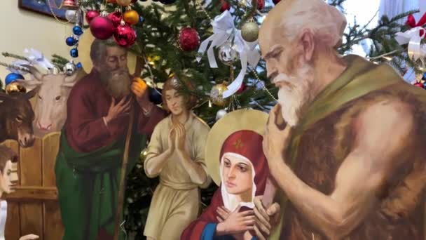 耶稣的诞生场景 中的基督降生与彗星的诞生场景与神圣的家庭在雪夜和星空 耶稣降生小场景装饰圣诞树前的人物 — 图库视频影像