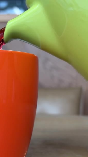Orange Cup Green Lime Teapot Pour Red Drink Hibiscus Fruit — Stock Video