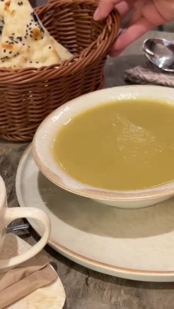 Healthy Eating Cooking Mushroom Cream Soup Bowl Eating Healthy Vegetarian — Stock Video
