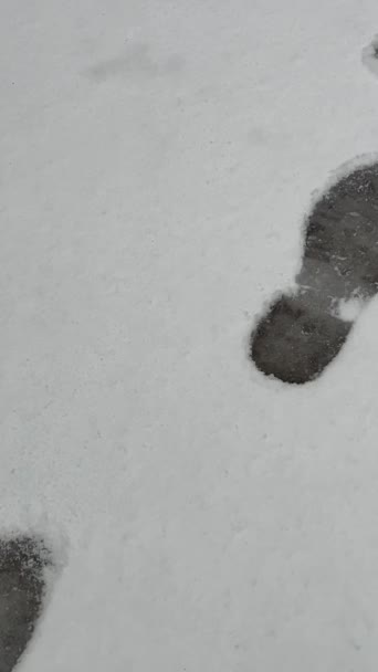 Свіжі Сходинки Сліди Відбитки Взуття Або Знаки Взуття Неглибокому Снігу — стокове відео