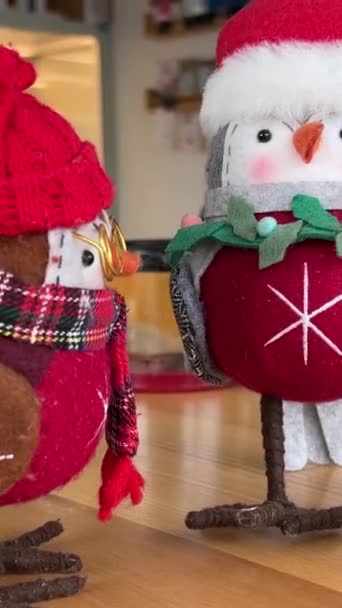 スカーフコンセプト冬の暖かいクリスマスがカフェの子供のおもちゃに暖かい装飾を保つために待っているテーブルの上のホームメイドの布から作られた2つの鳥のブルフィンチ — ストック動画