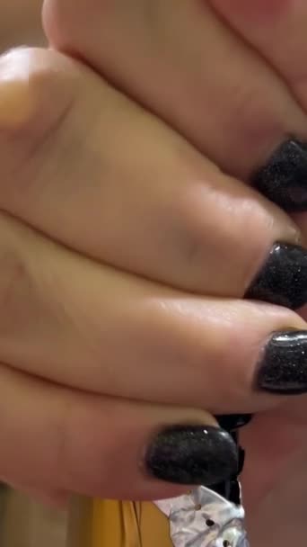 Opening Champagne Home Hand Plump Woman Black Manicure Opens Cork — Stock Video