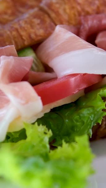 Sliced Prosciutto Wooden Board Pork Ham Light Background Composition Meat — Stock Video